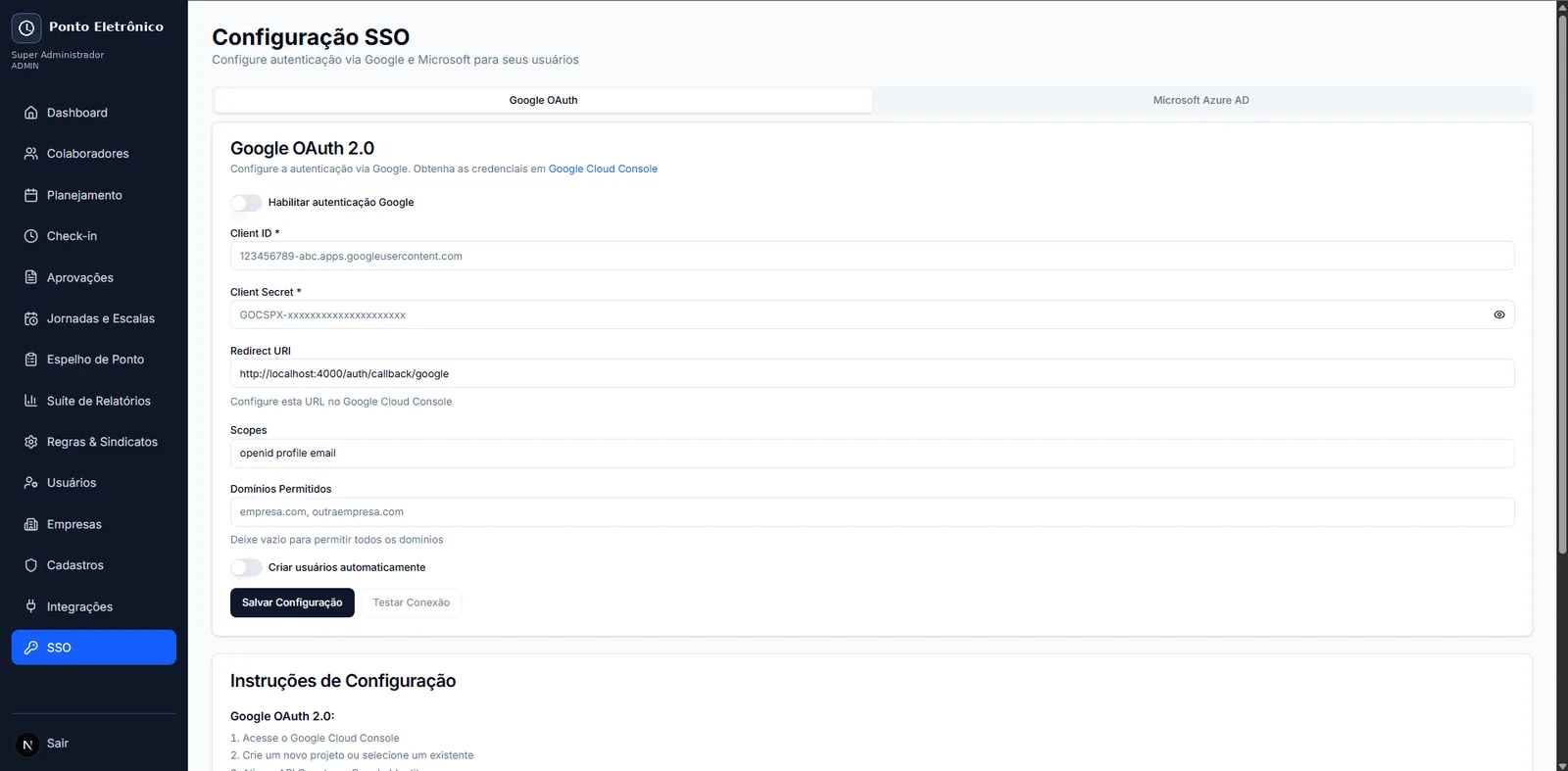 Configuração de login único: Google OAuth 2.0 e Microsoft Azure AD, domínios permitidos e criação automática de usuários