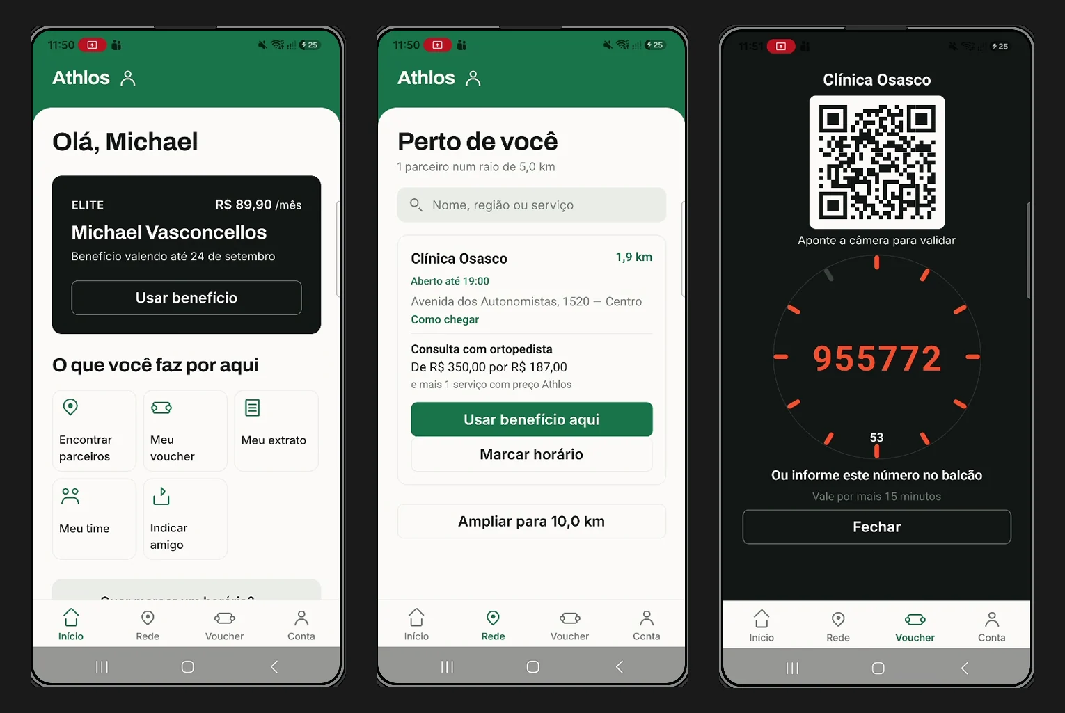 Três telas do app do atleta: início com o plano e o botão Usar benefício, rede de parceiros perto de você com preço do serviço, e voucher com QR Code e código que expira em 15 minutos