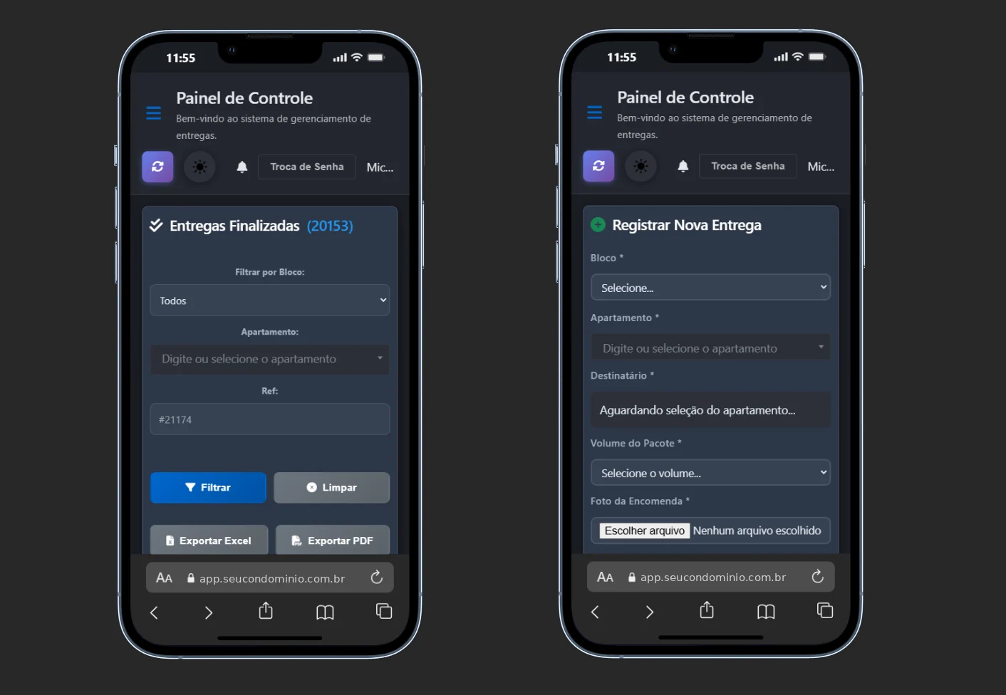 Duas telas do celular: entregas finalizadas com filtros e exportação para Excel e PDF, e o formulário de registrar nova entrega
