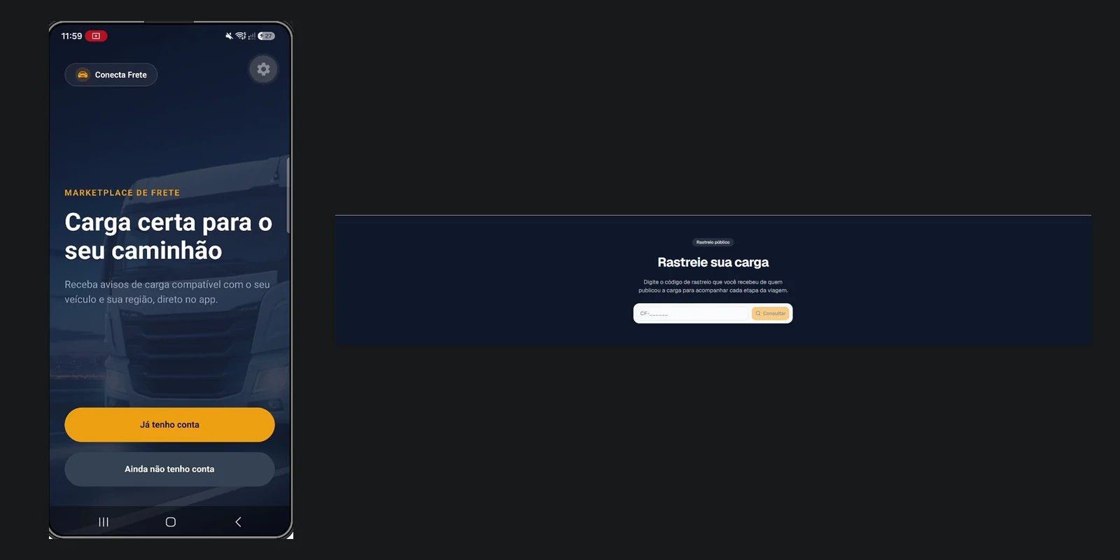 App do motorista com a tela de entrada e a página pública de rastreio de carga por código