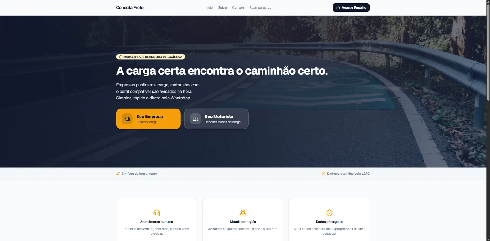 Página inicial do Conecta Frete: a carga certa encontra o caminhão certo, com entradas para empresa e motorista